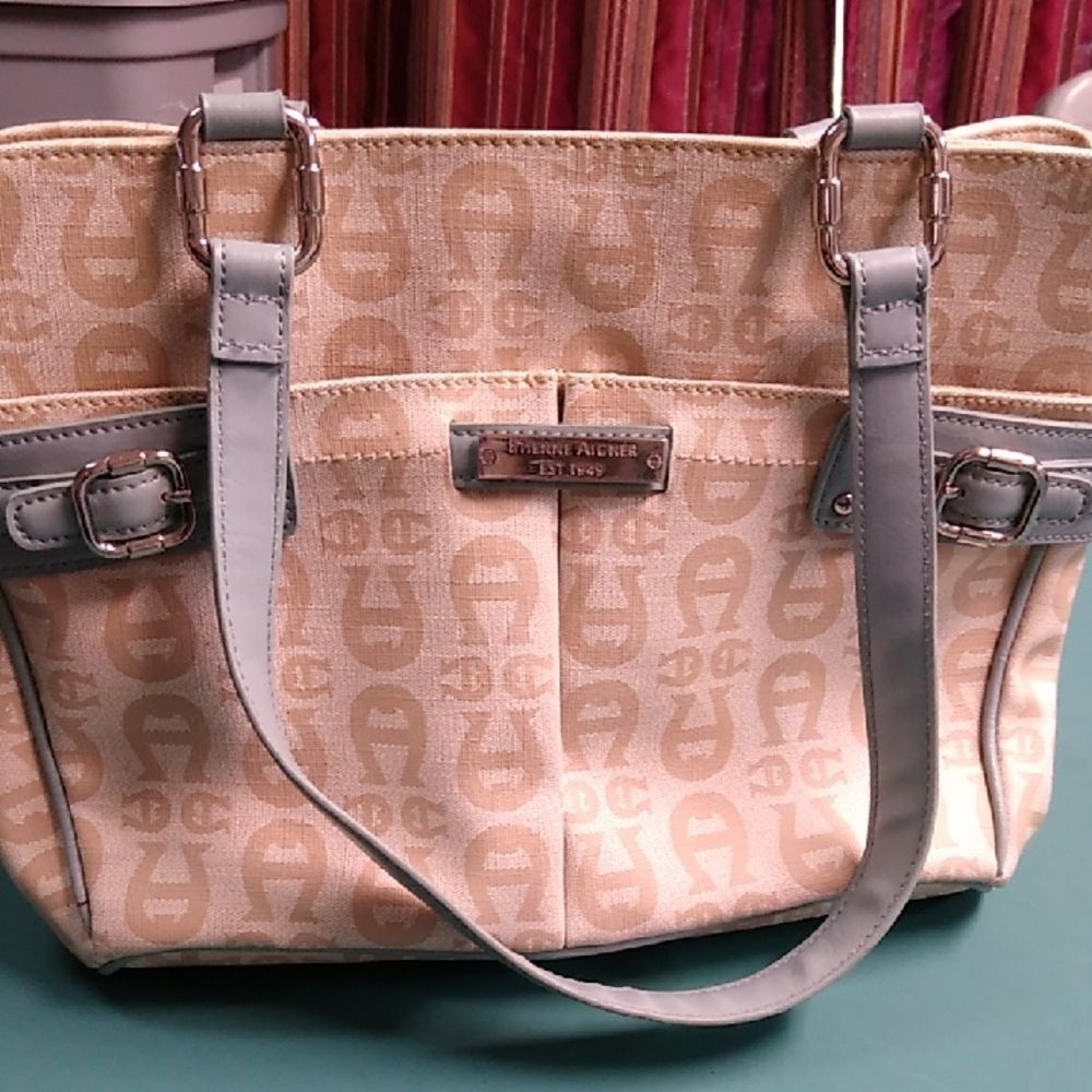 Etienne Aigner Cream Blue And Tan Shoulder Bag with Structured Design